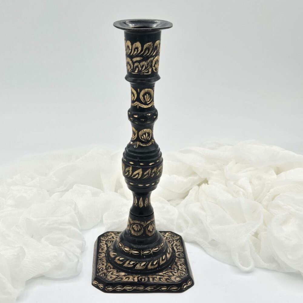 Vintage Solid Brass Black Gold Floral Etched Candlestick Holder, 8.25", India